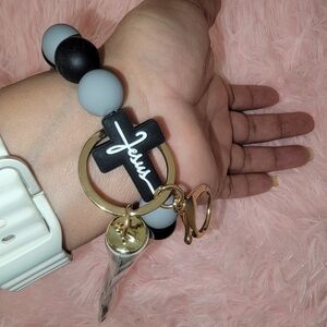 Gray and Black Beaded Bracelet Key Holder with Cross Charm